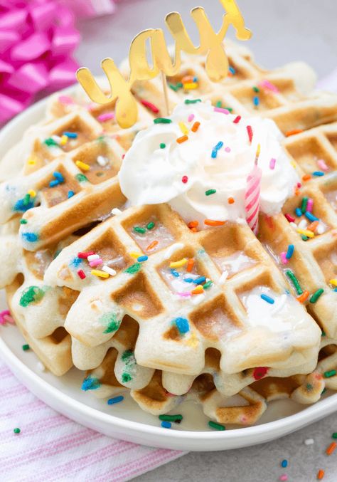 Birthday Funfetti Waffles | Simply Made Recipes Funfetti Waffles, Basic Baking, Brunch Cake, Mini Chocolate Chip Cookies, Waffle Ingredients, Waffle Maker Recipes, Waffle Cake, Birthday Breakfast, Breakfast Waffles