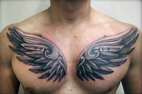 Feather Tattoo Design For Men Chest, Chest Wings Tattoo Men Design, Feather Chest Tattoo Men, Tato Shoulder, Chest Wings Tattoo Men, Wings Tattoo On Chest, Angel Wings Chest Tattoo, Chest Tattoo Wings, Eagle Wing Tattoos