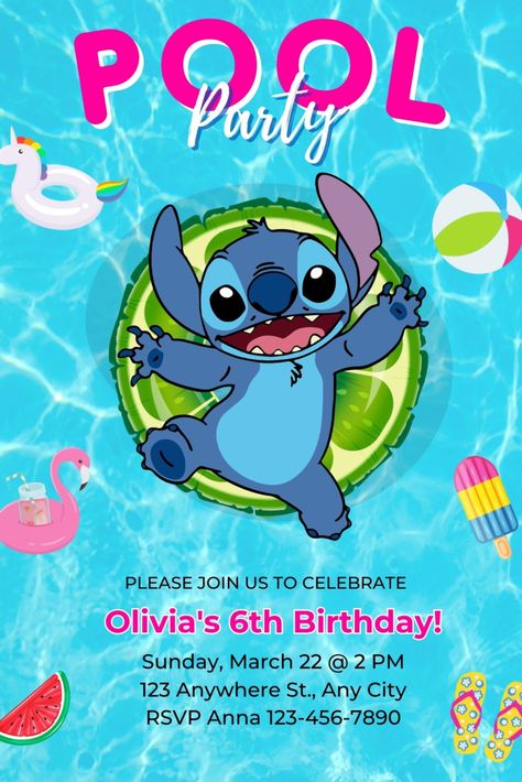 Stitch Pool Party invitation template 1 This is an editable Canva digital invitation. Stitch Pool Party Invitations, Lilo And Stitch Pool Birthday Party, Stitch Birthday Party Ideas Diy, Stitch Pool Party Ideas, Lilo And Stitch Birthday Invitations, Stitch Party Invitations, Lilo And Stitch Pool Party, Stitch Invitation Template, Stitch Pool Party