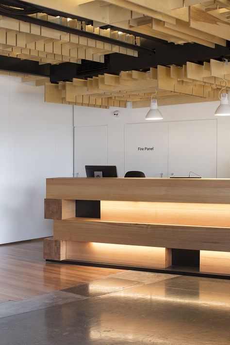 Oak Reception Desk, Timber Reception Desk, Glulam Beams, Interior Design Lobby, Oak Shelving, Wood Reception, Wood Reception Desk, Wood Truss, Reception Desk Office