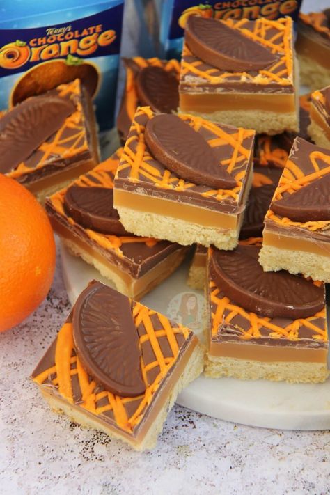 Terry's Chocolate Orange Millionaires Shortbread - Jane's Patisserie Chocolate Orange Traybake, Caramac Cheesecake, Flavoured Shortbread, Traybake Recipes, Millionaires Shortbread, Millionaire's Shortbread, Festive Baking, Janes Patisserie, Terry's Chocolate Orange