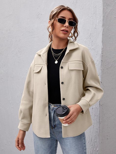 Button Front Drop Shoulder Solid Coat | SHEIN USA Woolen Coat Woman, Two Piece Set Pants, Baggy Style, Women Overcoat, Single Breasted Coat, Swimwear Bottoms, Collared Coat, Woolen Coat, Basic Style