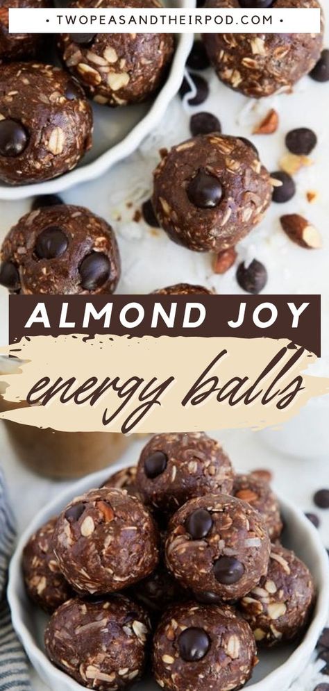 Almond Joy Energy Balls, healthy snacks, easy healthy recipes Almond Joy Candy Bars, Joy Bauer Recipes, Almond Joy Candy, Peanut Butter Energy Bites, Energy Balls Healthy, Energy Bites Recipes, No Bake Energy Bites, Energy Ball Recipe, Protein Bites