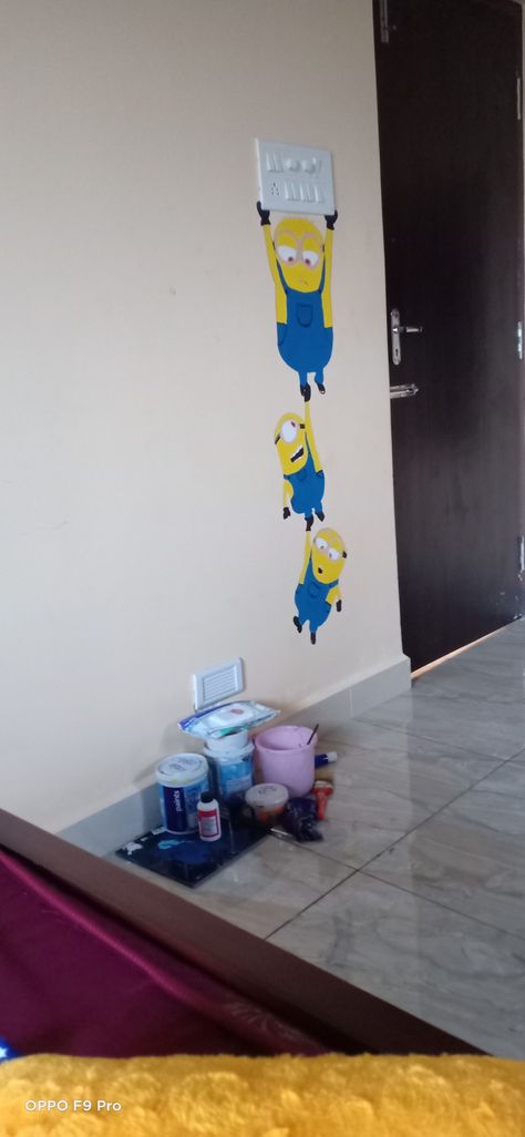 Wall painting, minions my favorite Minion Wall Painting, Cupboard Painting Ideas, Switch Board Painting, Easy Wall Painting, Switch Board Art, Sketch Realism, Minion Painting, Minion Drawing, Simple Wall Paintings