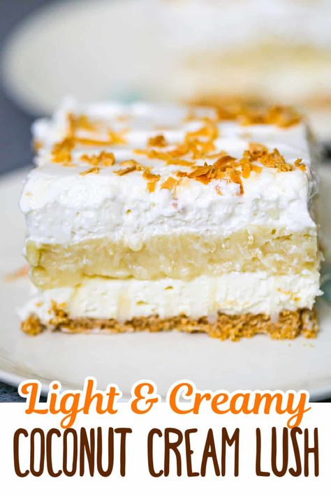 What To Make With Whipping Cream, Coconut Cream Lush, Coconut Cream Pudding, Coconut Cream Dessert, Graham Dessert, Pudding Whipped Cream, Coconut Cream Pie Recipes, Cream Cheese Bars, Layered Dessert