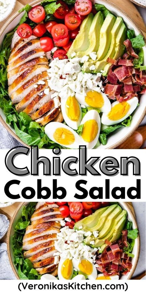 Salad with lettuce, chicken, eggs, avocado, tomatoes, and bacon. Cobb Salad Dressing, Healthy Lifestlye, Chicken Cobb Salad, Classic Cobb Salad, Avocado Eggs, Homemade Balsamic Vinaigrette, Cobb Salad Recipe, Chicken Breast Recipes Easy, Bacon Eggs