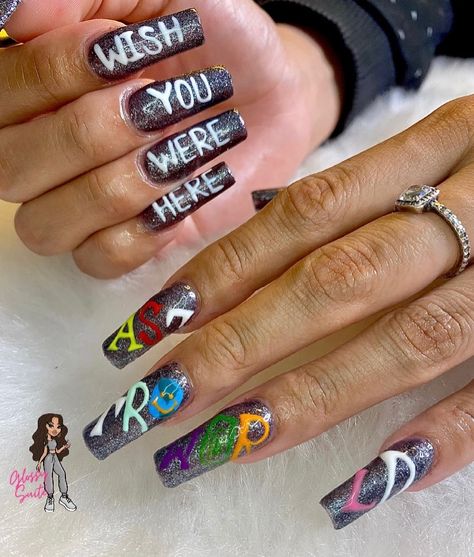 ASTROWORLD NAILS. TRAVIS SCOTT GLITTER GEL POLISH Travis Scott Nails Design, Travis Scott Nails Design Utopia, Utopia Nails Travis Scott, Wish You Were Here Tattoo Travis Scott, Travis Scott Nails, Astroworld Wish You Were Here, Utopia Logo Travis Scott, Astroworld Tshirt, Acrylic Full Set