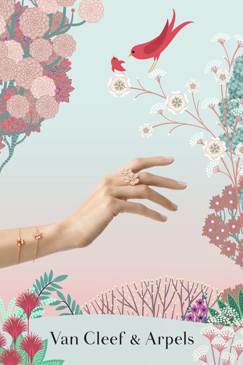 This Mother's Day, let yourself be enchanted by the sparkling details of everlasting flowers from the Frivole collection. #VCAfrivole #VanCleefArpels #MothersDay Illustrator: Charlotte Gastaut Jewelery Poster Design, Award Poster, Collage Jewelry, Photographing Jewelry, Jewelry Product Shots, Fashion Illustration Collage, Tropical Jewelry, Bvlgari Jewelry, Easter Jewelry