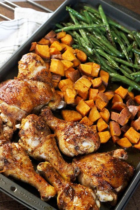 Asparagus Sweet Potato Chicken Skillet, Grilled Chicken And Sweet Potatoes, Chicken And Yams Recipes, Chicken And Sweet Potato Sheet Pan, Chicken Leg Sheet Pan Dinner, Bbq Chicken Sheet Pan Dinner, Bbq Chicken And Sweet Potatoes, Sweet Potato And Chicken Recipes, Sheet Pan Suppers Chicken