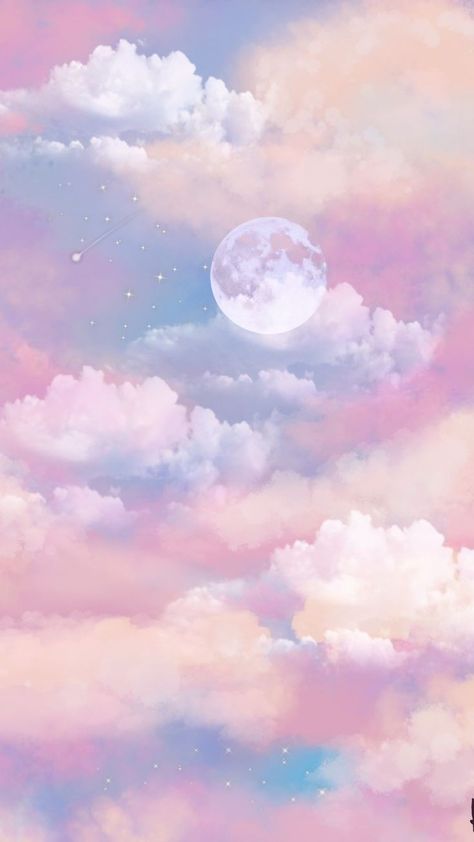 #sky #moon #clouds #pastel #pretty #fantasy #art #dreams #wallpapers Sunset Phone Wallpaper, Blue Pink Aesthetic, Aesthetic Wallpaper Sunset, Wallpaper Sunset, Pink Wallpaper Backgrounds, Pretty Phone Wallpaper, Pretty Backgrounds, Pretty Landscapes, Rainbow Wallpaper