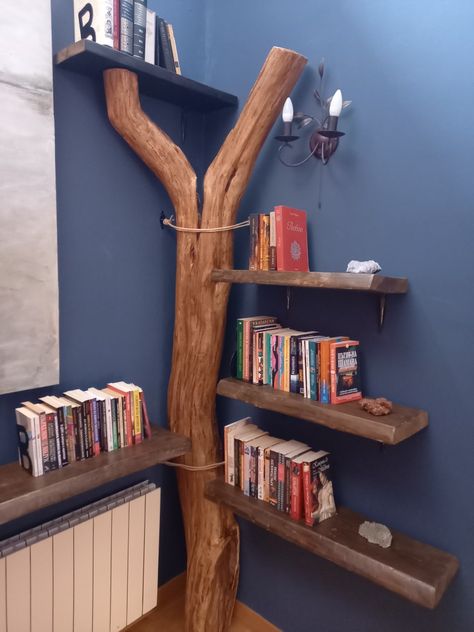 Tree Shelf Corner, Corner Tree Bookshelf, Book Wall Shelves, Book Shelf Corner, Floating Shelves Book, Annotate Book, Branch Shelves, Reading Book Aesthetic, Unique Shelving