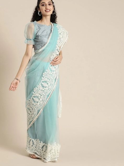 Buy dazzling embroidered blue net partywear saree online at inddus.com. Checkout this outstanding saree online at the best shopping price in India with express shipping worldwide. Sleeve Blouse Designs, Net Saree Blouse Designs, Blue Blouse Designs, Net Blouse, Traditional Blouse Designs, Latest Model Blouse Designs, Fashion Sarees, Fashionable Saree Blouse Designs, Cutwork Blouse Designs