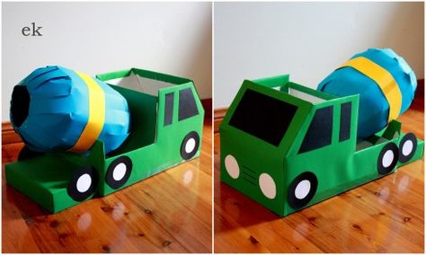 kerieneboxcementmixer Cardboard Boxes Kids, Cardboard Box Car, Cardboard Car, Cement Mixer, Cardboard Toys, Toddler Valentines, Homemade Toys, Construction Theme, Diy Cardboard