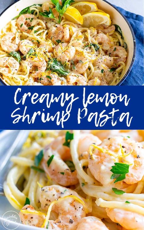 For an elegant yet easy dinner recipe why not try this Creamy Lemon Shrimp Pasta. It is ready in just 20 minutes and tastes like something you would get in a fine dining restaurant. Perfectly cooked shrimp/prawns, with a creamy rich lemon sauce, plenty of garlic and swirls of spaghetti, make this recipe so delicious. Serve it on date night or when you have friends over. Or serve it up as a special treat for the whole family. Creamy Lemon Shrimp, Lemon Shrimp Pasta, Pasta Shrimp, Lemon Garlic Shrimp Pasta, Lemon Shrimp, Cooked Shrimp, Garlic Shrimp Pasta, Prawn Recipes, Shrimp Recipes For Dinner