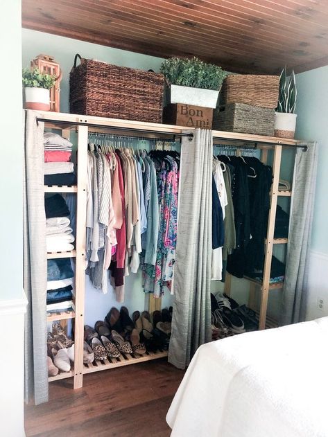 Diy Extra Closet Space, Closet Ideas No Closet, Diy Closet Studio Apartment, Bedroom Storage No Closet, Bedroom Organization No Closet, Open Bedroom Storage Ideas, No Space For Wardrobe, Open Concept Clothing Storage, Room Without A Closet