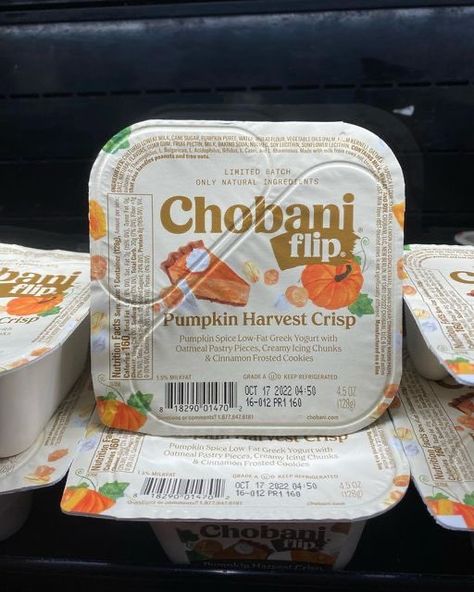 Chobani Aesthetic, Chobani Flip Yogurt, Chobani Yogurt Flips, Yoghurt Packaging, Fridge Cupboard, Chobani Flips, Cinnamon Oatmeal Cookies, Pumpkin Yogurt, Chobani Yogurt