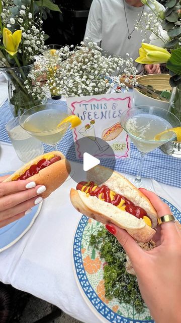 Claudia Harrington on Instagram: "‘Tinis & Weenies!🍸🌭 
#dinnerpartyidea #tinisandweenies #summerdinnerparty #easydinneridea #martini #hotdog #summergrilling" Tinis And Weenies Party Outfit, Winies And Tinis, Martini And Weenie Party, Tini And Weenie Party, Weenies And Martinis, Martinis And Weenies Party, Weenies And Tinis Party Ideas, Tinis Weenies, Weenies And Tinis Party