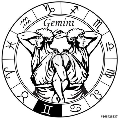 gemini astrological horoscope sign in the zodiac wheel. Black and white vector illustration Tato Nama, Gemini Today, Taurus Constellation Tattoo, Aries Constellation Tattoo, Gemini Art, Zodiac Wheel, Gemini Tattoo, Black And White Vector, Today Horoscope