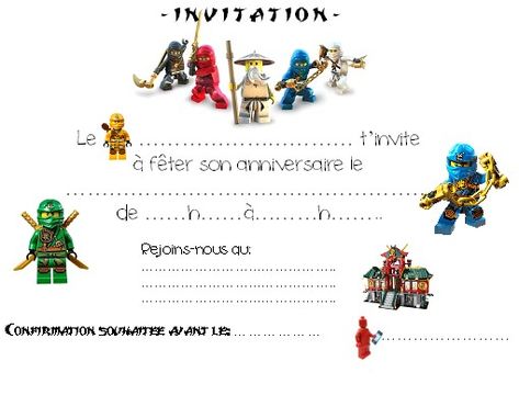 Numéro Bis se passionne pour les Lego en ce moment. J’ai appris qu’il existe des Lego Star Wars, des Lego City, des Ninjago, etc. J’ai aussi appris que je ne dois plus passer l&rs… Ninjago Invitations, Ninja Invitations, Lego Invitations, Ninjago Birthday, Lego Party, Baymax, Lego City, Lego Star, Lego Ninjago