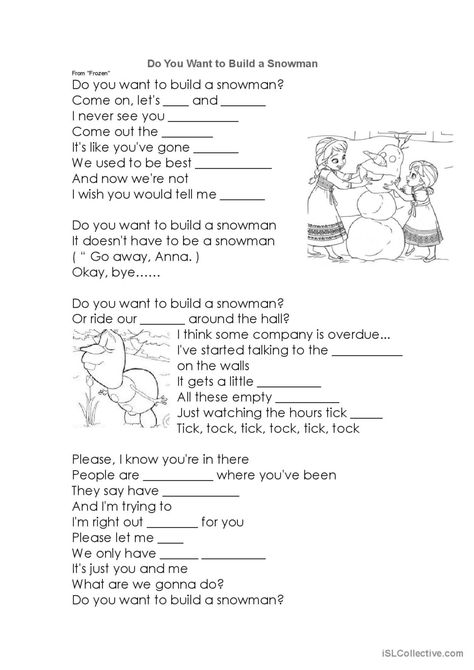 Song Lyrics from FROZEN- Do You Want…: English ESL worksheets pdf & doc Exercise For Students, English Course, Build A Snowman, An Exercise, Esl Worksheets, The Missing, Games For Kids, Song Lyrics, Frozen