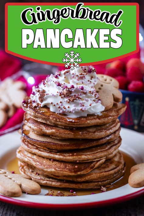 A stack of gingerbread pancakes with a text overlay title. Healthy Christmas Food, Easy Roast Turkey, Gingerbread Protein, Snowman Hot Chocolate, Healthy Porridge, Gingerbread Cookie Mix, Gingerbread Pancakes, Toddler Finger Foods, Easy Roast