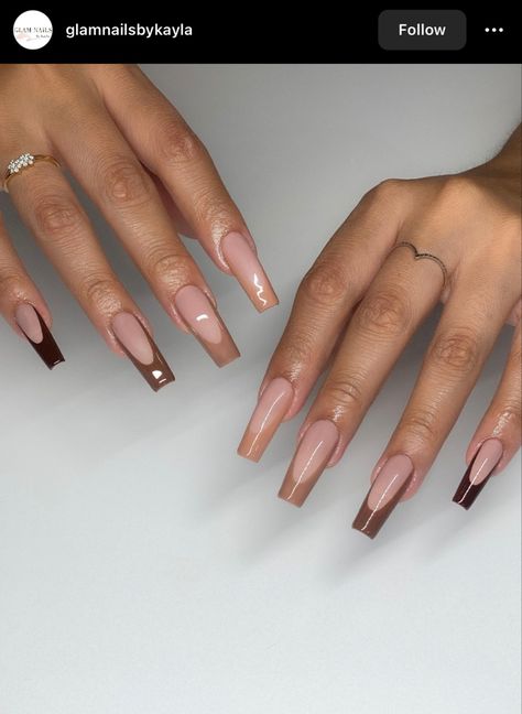 Different Color Brown Nails French Tip, Nail Fall Inspiration, Acrylic Nails Coffin Short Brown, Brown Shade French Tip Nails, Brown French Nails Design, Nails Acrylic Dark Skin Tone, Brown Acrylics With Design, Brown Ombre French Nails, Brown And Light Brown Nails