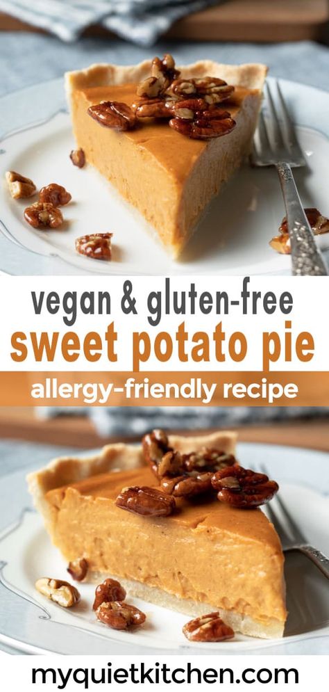 This silky Vegan Sweet Potato Pie is healthier than most, and yet so delicious no one will mind! With an exceptionally creamy filling and the best almond flour crust. This pie is also gluten-free, oil-free, and soy-free and great for making a day or two in advance. Gluten Free Dairy Free Sweet Potato Pie, Sweet Potato Pie Dairy Free, Raw Vegan Sweet Potato Pie, Gluten Free Dairy Free Sweet Potato, Sweet Potato Pie No Crust, Sweet Potato Pie Vegan, Vegan Sweet Potato Pie Recipes, Vegan Sweet Potato Cheesecake, Gluten Free Pie Filling