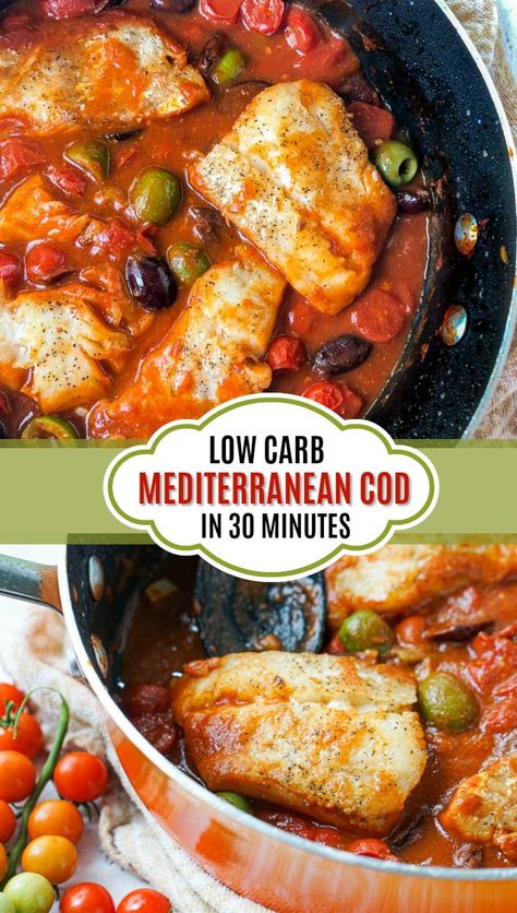 Recipes For Cod, Fish Dinner Ideas, Mediterranean Cod, Keto Fish, Mediterranean Fish Recipe, Olive Sauce, Seafood Dinner Recipes, Mediterranean Diet Recipes Dinners, Mediterranean Diet Meal Plan