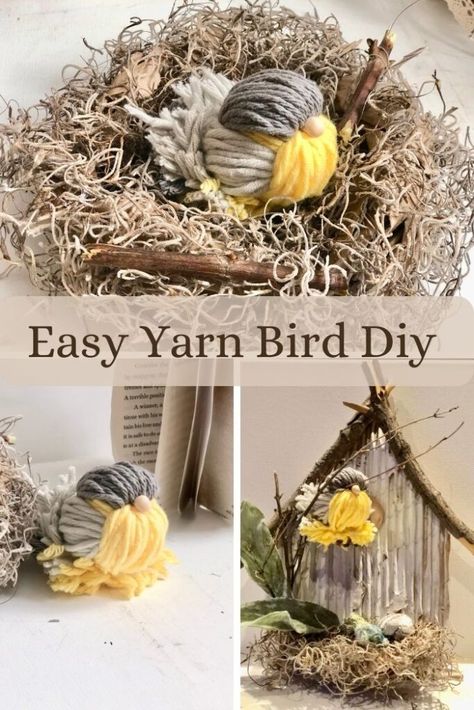 Yarn Birds Diy, How To Make Birds Crafts, Bird Nest Craft Diy, Yarn Birds How To Make, Diy Bird Ornaments, Pompon Crafts, Sparrow Craft, Spring Crafts For Adults Diy, Birds Nest Craft