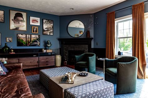 Dark Brown Fireplace Living Room, Black And Blue Living Room Decor, Corner Fireplace Living Room Layout, Blue And Black Living Room, Blue Brown Room, Black And Blue Living Room, Living Room Corner Fireplace, Eclectic Traditional Living Room, Living Room With Corner Fireplace