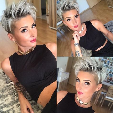 Spiky Gray Pixie With Undercut Blond Cenușiu, Gray Pixie, Short Spiky Haircuts, Short Shag Hairstyles, Kadeřnické Trendy, Short Layered Haircuts, Long Pixie, Bob Hairstyles For Fine Hair, Best Short Haircuts