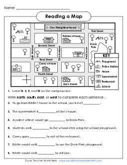 Map worksheets Map Reading Skills Free Printable, Map Skills Worksheets 3rd Grade, Map Skills First Grade, Directions Worksheet For Kids, Map Activities For Kids, Teaching Map Skills, Social Studies Maps, Teaching Maps, Map Skills Worksheets