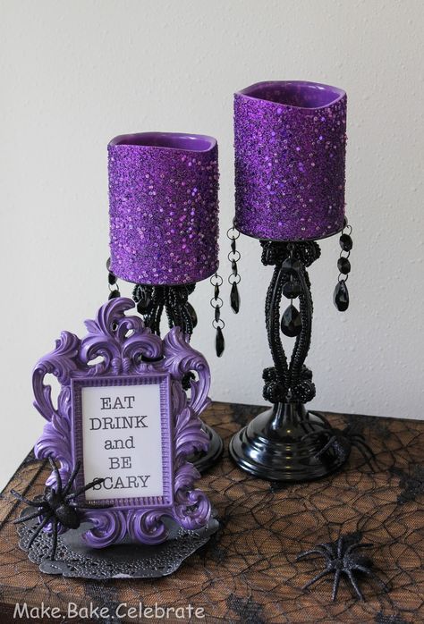 Nightmare Before Christmas Wedding, Elegant Halloween Decor, Halloween Decorating Ideas, Halloween Themed Wedding, Purple Candles, Elegant Halloween, Purple Halloween, Halloween Decorating, Halloween Deco