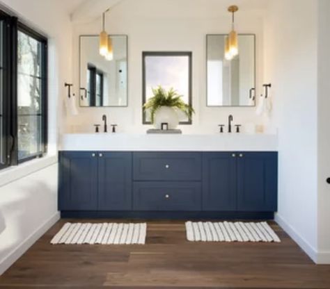 Concept 2: Wood like herringbone tile, navy vanities, white tile for the shower/walls. Brown Wood Flooring, Bathrooms Vanity, Wood Floor Bathroom, Blue Bathroom Vanity, Blue Vanity, Vanity Ideas, Transitional Bathroom, Dark Wood Floors, Brown Bathroom