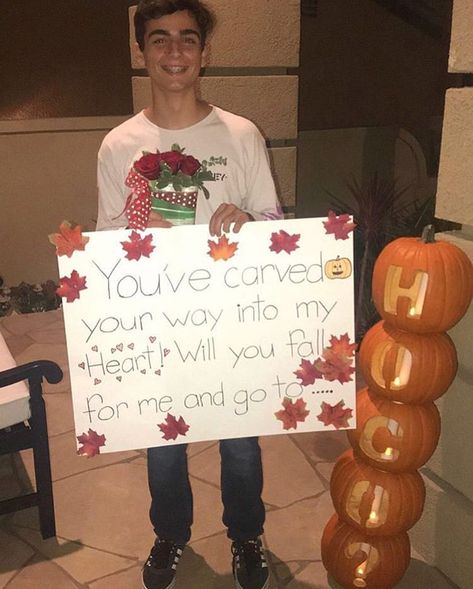 Pumpkin Hoco Proposals, Hoco Proposals Ideas Halloween, Fall Themed Hoco Proposal, Halloween Dance Posters, Harvest Dance Poster Ideas, Fall Hoco Proposals, Harvest Dance Proposals, Halloween Dance Proposal Ideas, Halloween Dance Poster Ideas