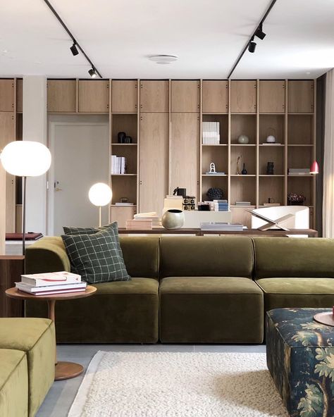 This stunning space is the livingroom and concept store at the new hotel @the_audo. The hotel is designed by @normarchitects and @menuworld… Residential Living Room Design, Interior Hotel, Hotel Living Room, Hotel Living, Retail Interior, Living Room Design, Olive Color, Residential Interior, Built Ins