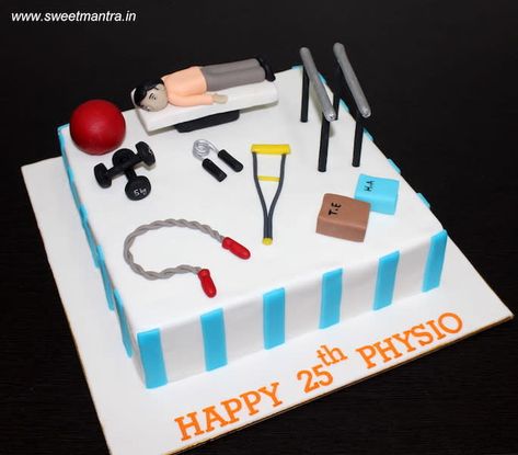 Customized cake for a Physiotherapist's birthday by Sweet Mantra - Customized 3D cakes Designer Wedding/Engagement cakes in Pune - http://cakesdecor.com/cakes/332167-customized-cake-for-a-physiotherapist-s-birthday Medical Cake, Gym Cake, Chanel Cake, Customized Cake, Graduation Party Foods, Hand Gripper, Gym Ball, Adult Birthday Cakes, 40th Birthday Cakes