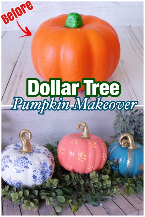 Faux Pumpkin Crafts, Dollar Tree Fabric Pumpkins, Diy Styrofoam Pumpkins, Painted Dollar Tree Pumpkins, Decorating Foam Pumpkins, Pumpkin Tree Decorations, Foam Pumpkins Dollar Tree, Styrofoam Pumpkin Decorating, How To Paint Foam Pumpkins