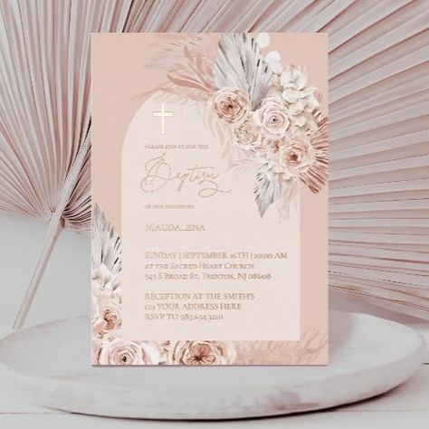 $3.75 | rose gold text Baptism boho flowers | Wedding Invitations | catholic, rose gold, boho flowers pampas grass, baptism Rose Gold Boho, Gorgeous Images, Teddy Bear Baby Shower Invitations, First Communion Decorations, Boho Invitations, First Communion Invitations, Boho Wedding Flowers