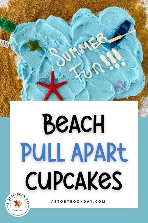 These Easy Beach Themed Pull-Apart Cupcakes are Perfect for Summer Parties! Cupcake Cakes Pull Apart Pool Party, Pool Party Pull Apart Cupcakes, Pool Party Cupcake Cake, Summer Pull Apart Cupcakes, Beach Theme Cupcakes, Pull Apart Cupcake, Wave Cake, Beach Themed Cakes, Summer Cupcakes