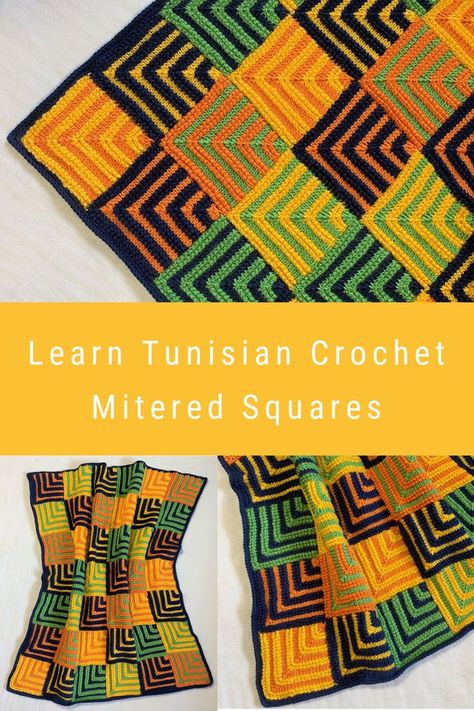 Tunisian Crochet Stripy Blocks Baby Blanket Pattern Tunisian Crochet Mitered Square, Tunisian Graphgan Patterns, Crochet Mitered Square Pattern, Tunisian Crochet Patterns Free, Enterlac Crochet, Crochet Blanket Grey, Tunisian Knit Stitch, Knitted Squares Pattern, Tunisian Simple Stitch