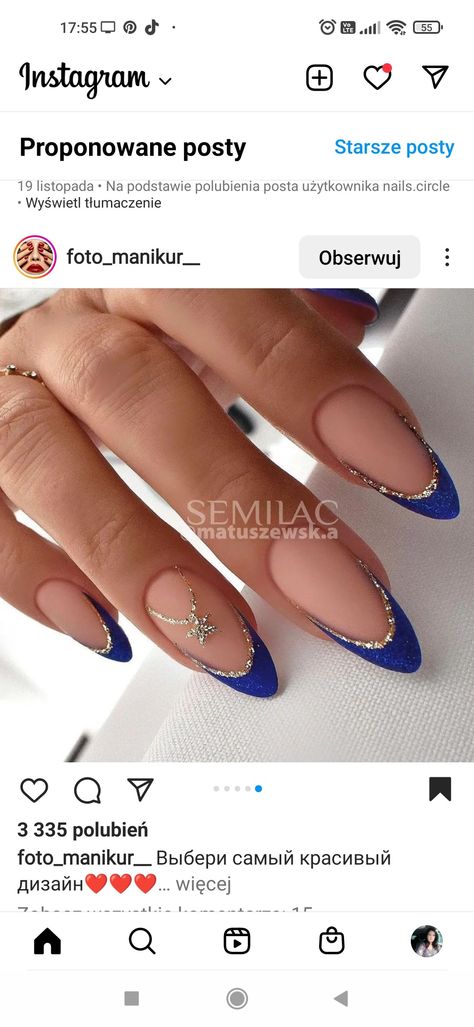 Blue Gold French Nails, Navy Blue And Gold Nail Ideas, Blue And Golden Nails, Gold And Royal Blue Nails, Royal Blue And Gold Nails, Gold Holiday Nails, French Bleu, Hoco Nails, Royal Blue Nails