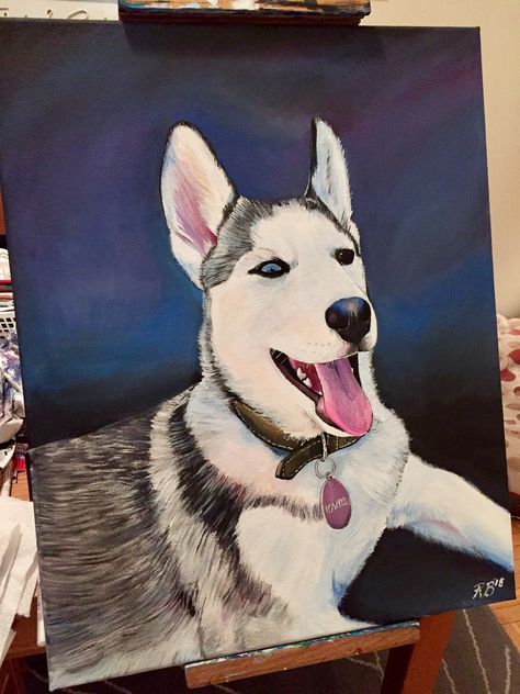 Acrylic painting of husky dog, Rowkye. Done on canvas by myself Ruthie Husky Painting, White Husky, Grey Headboard, Seashell Painting, Dog Painting, Painting Ideas On Canvas, Husky Dogs, Dog Drawing, Dog Paintings