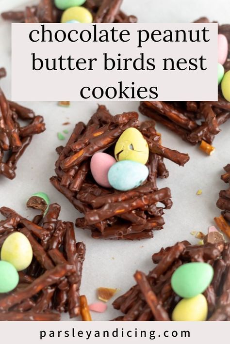 These No Bake Chocolate Peanut Butter Birds Nest Cookies look just like bird nests and are perfect for Easter and spring! This recipe features salty pretzel sticks coated in melted chocolate and peanut butter and are topped with Cadbury Mini Eggs! Bonus: they only take minutes to make! Birds Nest Treats, Chocolate Birds Nest Recipe, No Bake Cadbury Birds Nest Cookies, Chocolate Birds Nest, Birds Nests Recipe, Chocolate Peanut Butter Birds Nest, Edible Bird Nests For Easter, Birds Nest Cookies, Easter Birds Nest