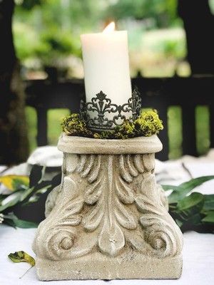 Gray Candle, Pillar Decorations, Classic Bedroom Decor, Pottery Barn Decor, Grey Candles, Kitchen French, Stone Cottages, Candle Pedestal, French Bedroom