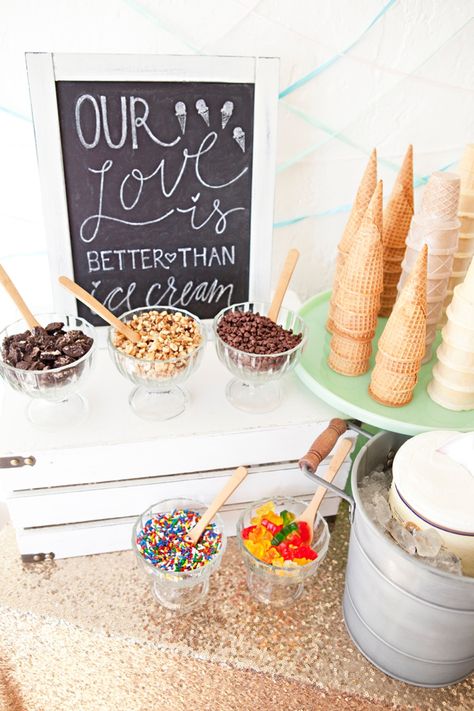 DIY Wedding Ice Cream Bar Idea... our love is better than ice cream! Rehearsal Dinner Dessert Ideas, Wedding Ice Cream Bar, Diy Ice Cream Bar, Ice Cream Wedding, Ice Cream Stand, Sundae Bar, Wedding Cake Alternatives, Wedding Favor Ideas, Ice Cream Bar