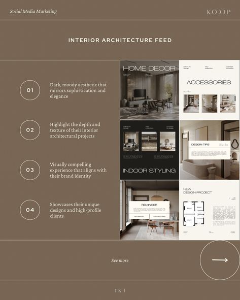 Client Instagram Feed Spotlight—Interior Architecture ↓ We’ve crafted a dark, moody aesthetic for this interior architecture client’s Instagram feed, capturing the true sophistication and elegance of their work. This design approach brings out the intricate details and textures of their projects, making each post visually striking and in perfect harmony with their brand. By focusing on rich contrasts and a cohesive look, we ensure that every post highlights their unique designs and high-pro... Architecture Instagram Feed, Interior Design Instagram Feed, Spotlight Interior, Dark Moody Aesthetic, Architecture Instagram, Interior Design Instagram, Moody Aesthetic, Perfect Harmony, Intricate Details