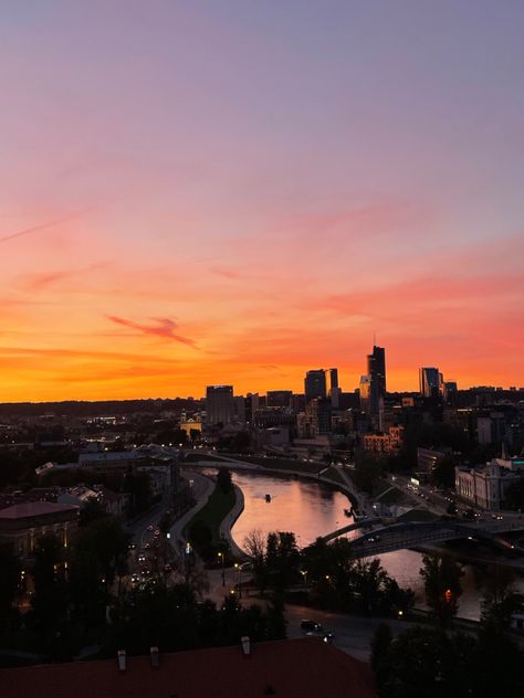 Golden sky sunset big city ruber city lights buildings Bug City Aesthetic, Vilnius Aesthetic, City Sunset Aesthetic, Lithuania Aesthetic, Sunrise City, Gold Sunset, Golden Sky, Sky City, City Sunset