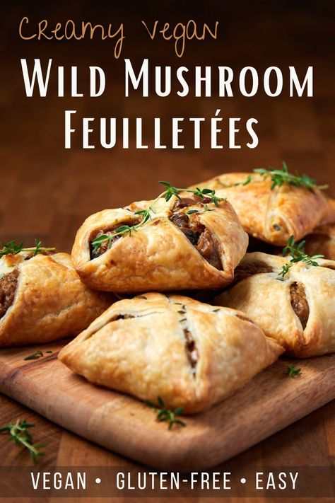 Pinterest graphic showing vegan wild mushroom feuilletees piled on a board. Wild Mushroom Pie, Vegetable Puff Pastry Recipes, Vegan Puff Pastry Appetizers, Gluten Free Vegan Puff Pastry, Vegan Puff Pastry Recipes Savory, Mushroom Puff Pastry Recipes, Mushroom Tart Puff Pastry, Vegetarian Puff Pastry Recipes, Vegan Puff Pastry Recipes