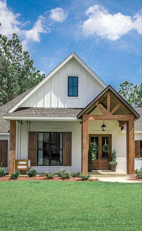 White Brown Exterior House, White Exterior With Wood Shutters, White Home With Cedar Accents, Wood Front Door And Shutters, White Vinyl House With Wood Shutters, Cedar Peaks On House, Farmhouse Exterior Ideas Brick, White House With Wood Trim Exterior, Stucco With Wood Accent